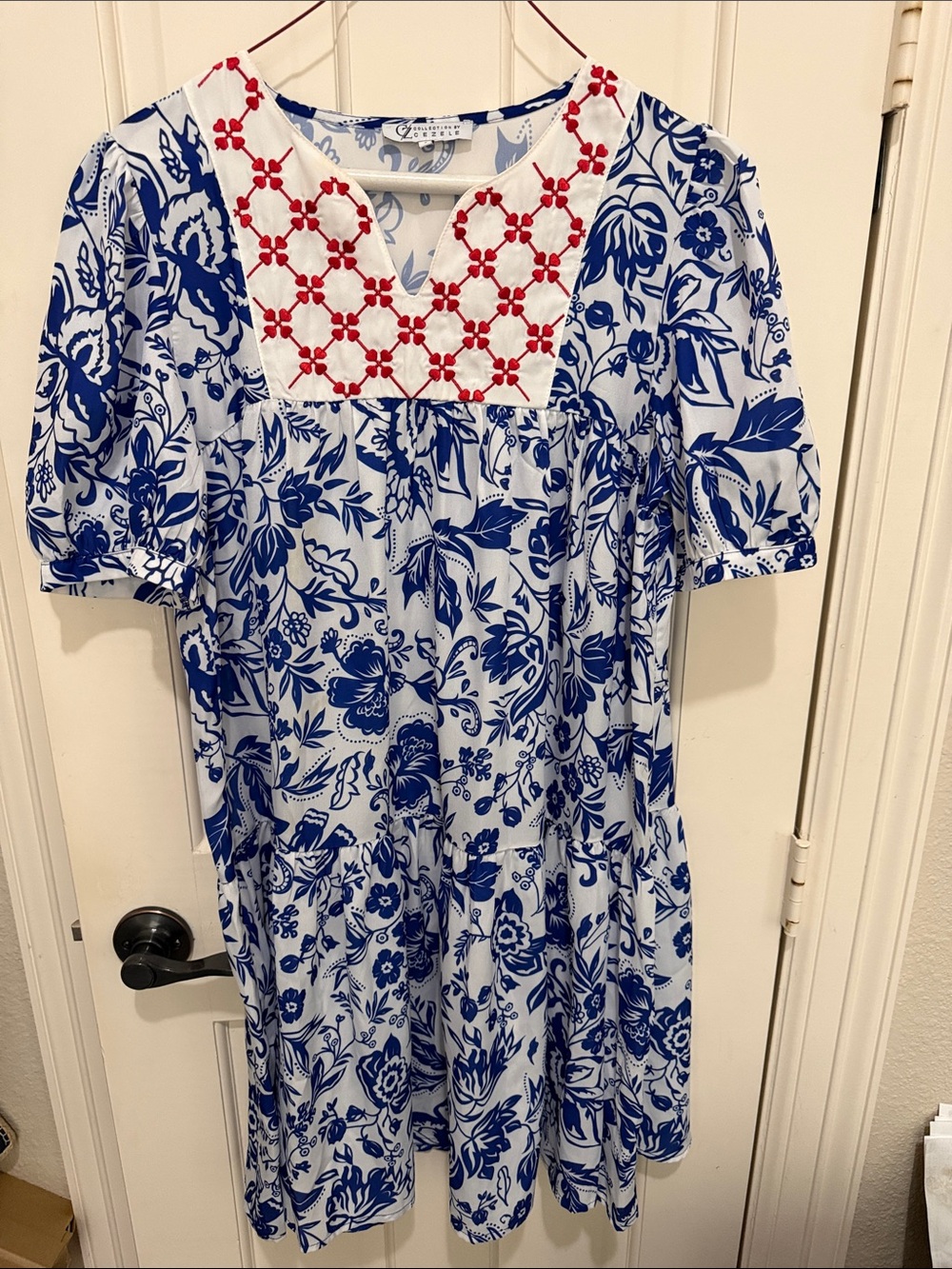 Women's Blue and White Red Floral Cotton Dress with Embroidered Yoke size small
